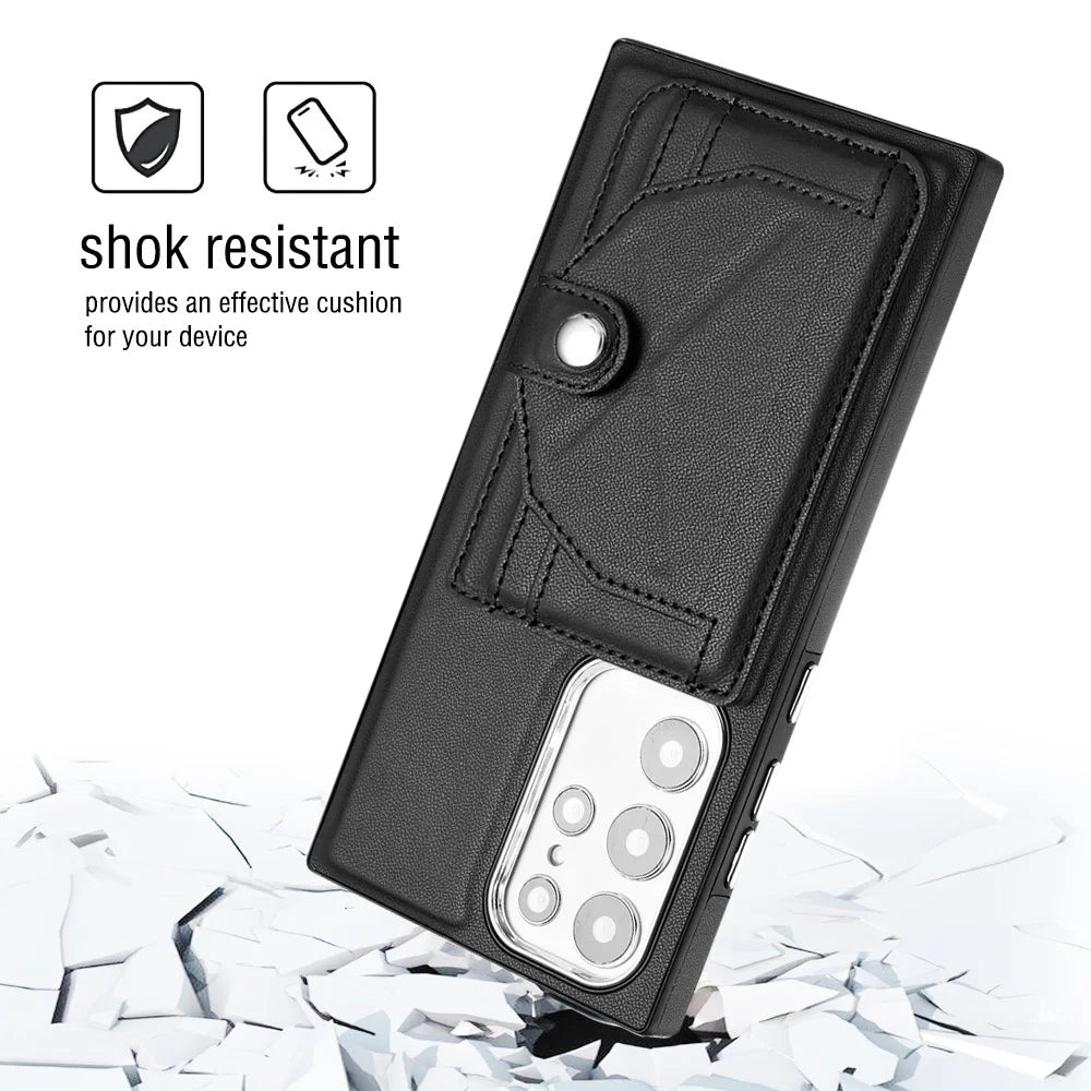 YB Leather Coating Series-4 Kickstand Case for Samsung Galaxy S23 Ultra Card Slots Leather Coated TPU Phone Cover - Black - 3