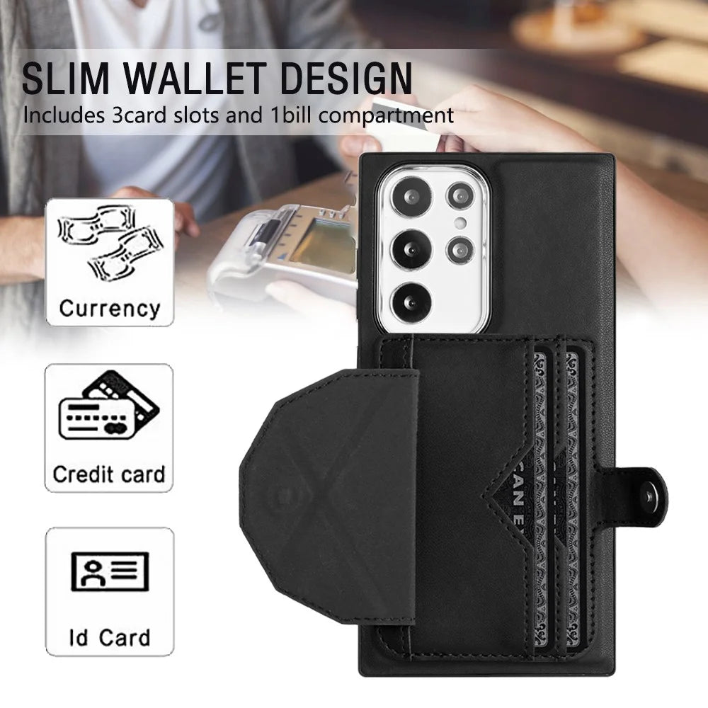 YB Leather Coating Series-4 Kickstand Case for Samsung Galaxy S23 Ultra Card Slots Leather Coated TPU Phone Cover - Black - 4