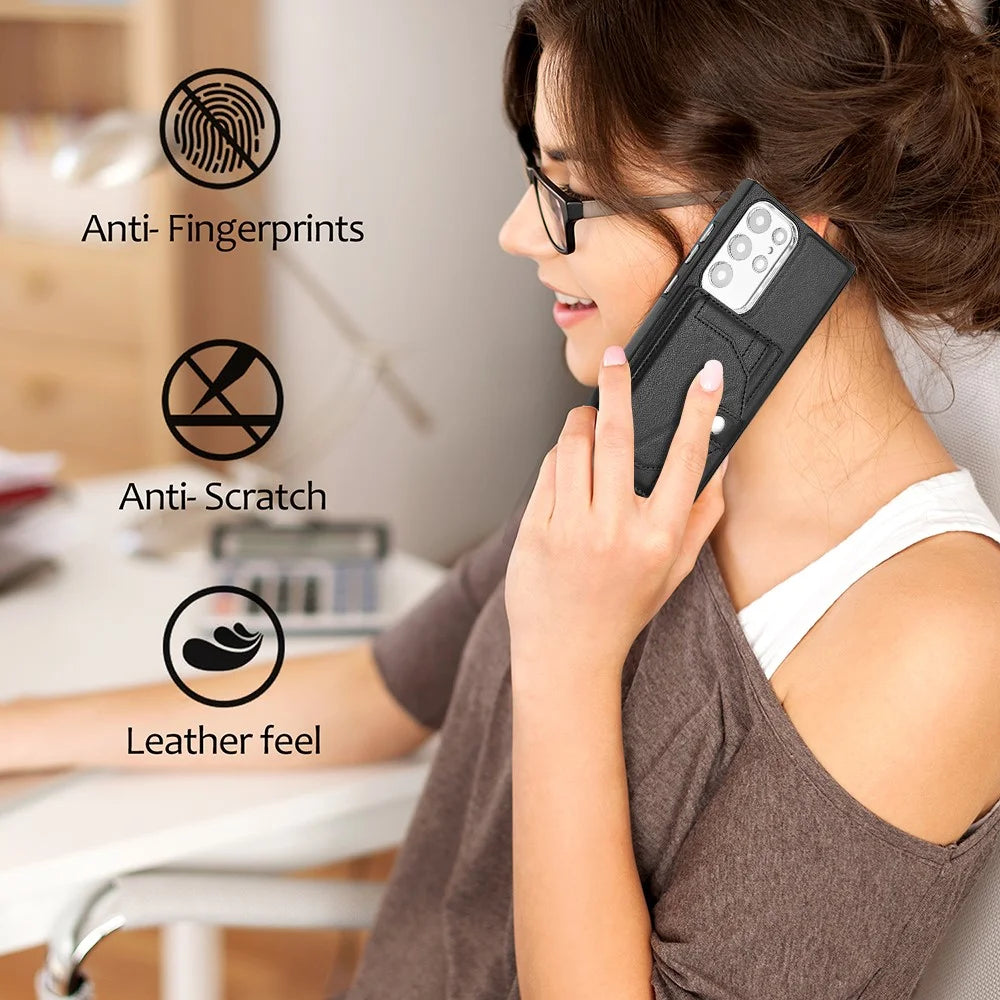 YB Leather Coating Series-4 Kickstand Case for Samsung Galaxy S23 Ultra Card Slots Leather Coated TPU Phone Cover - Black - 6