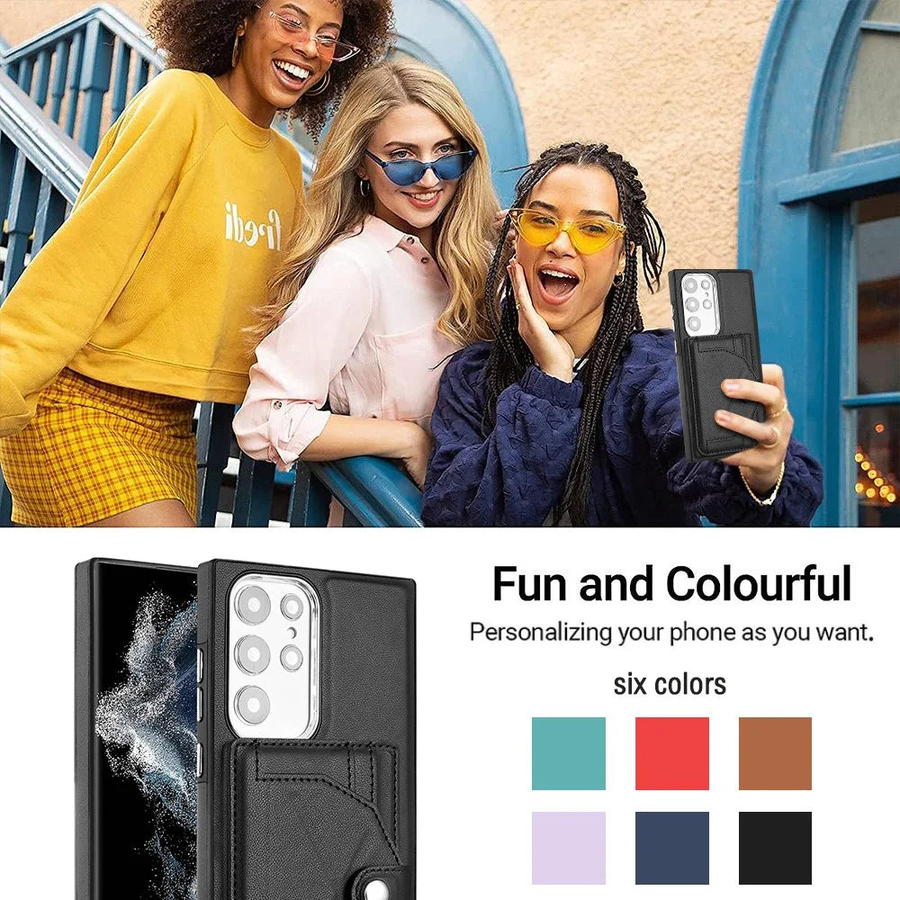 YB Leather Coating Series-4 Kickstand Case for Samsung Galaxy S23 Ultra Card Slots Leather Coated TPU Phone Cover - Black - 7