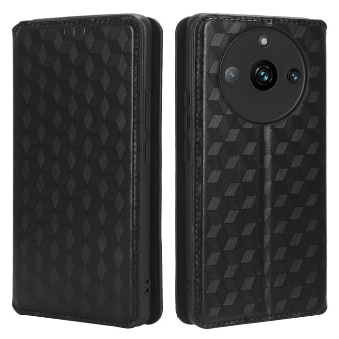 Rhombus Imprinted Shell for Realme 11 Pro 5G / 11 Pro+ 5G PU Leather Phone Cover Stand Case - Black - 1