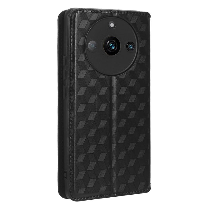 Rhombus Imprinted Shell for Realme 11 Pro 5G / 11 Pro+ 5G PU Leather Phone Cover Stand Case - Black - 6
