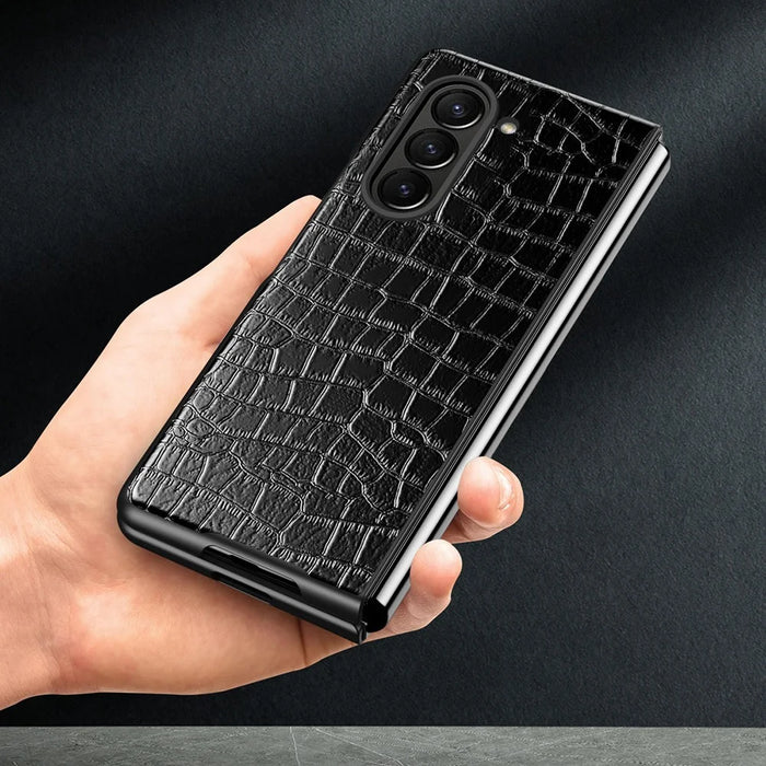 For Samsung Galaxy Z Fold5 5G Crocodile Texture Folding Phone Case PU Leather Coated PC Cover - Black - 5