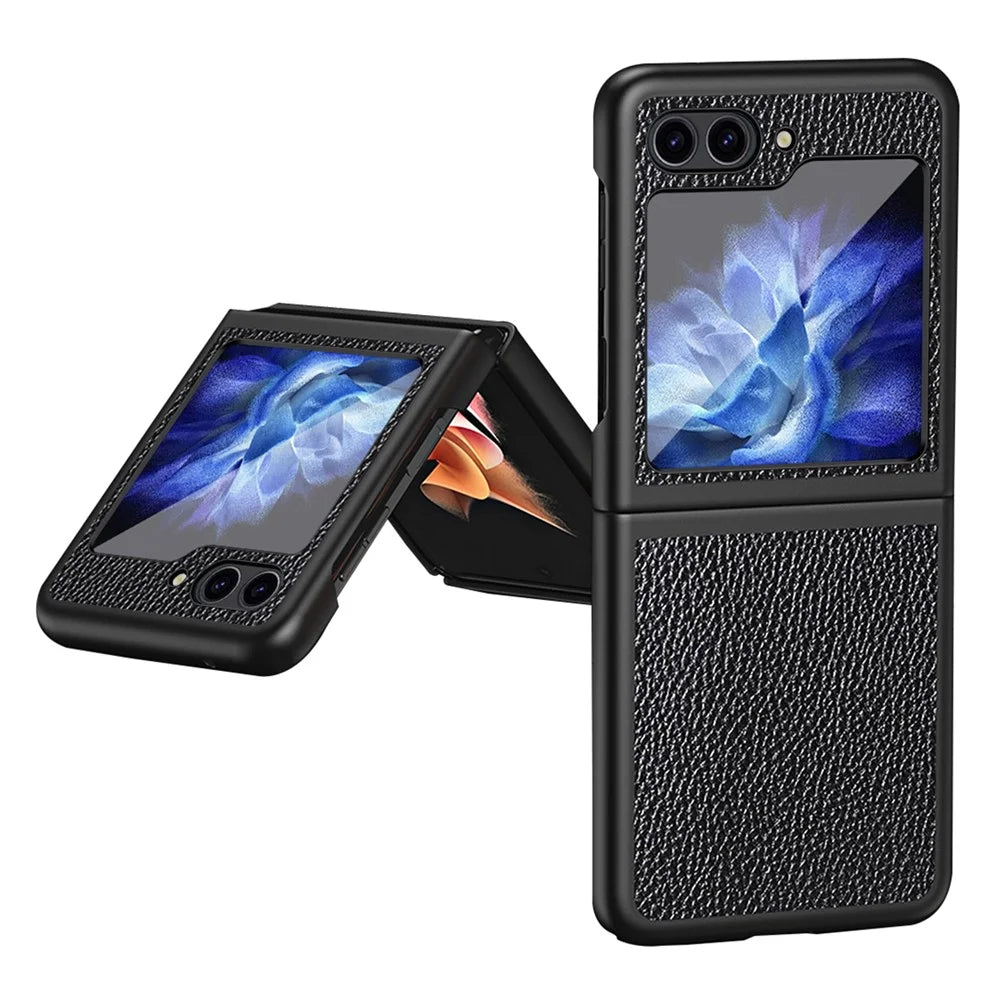 For Samsung Galaxy Z Flip5 5G PU Leather Coated PC Case Litchi Texture Protective Phone Cover - Black - 1
