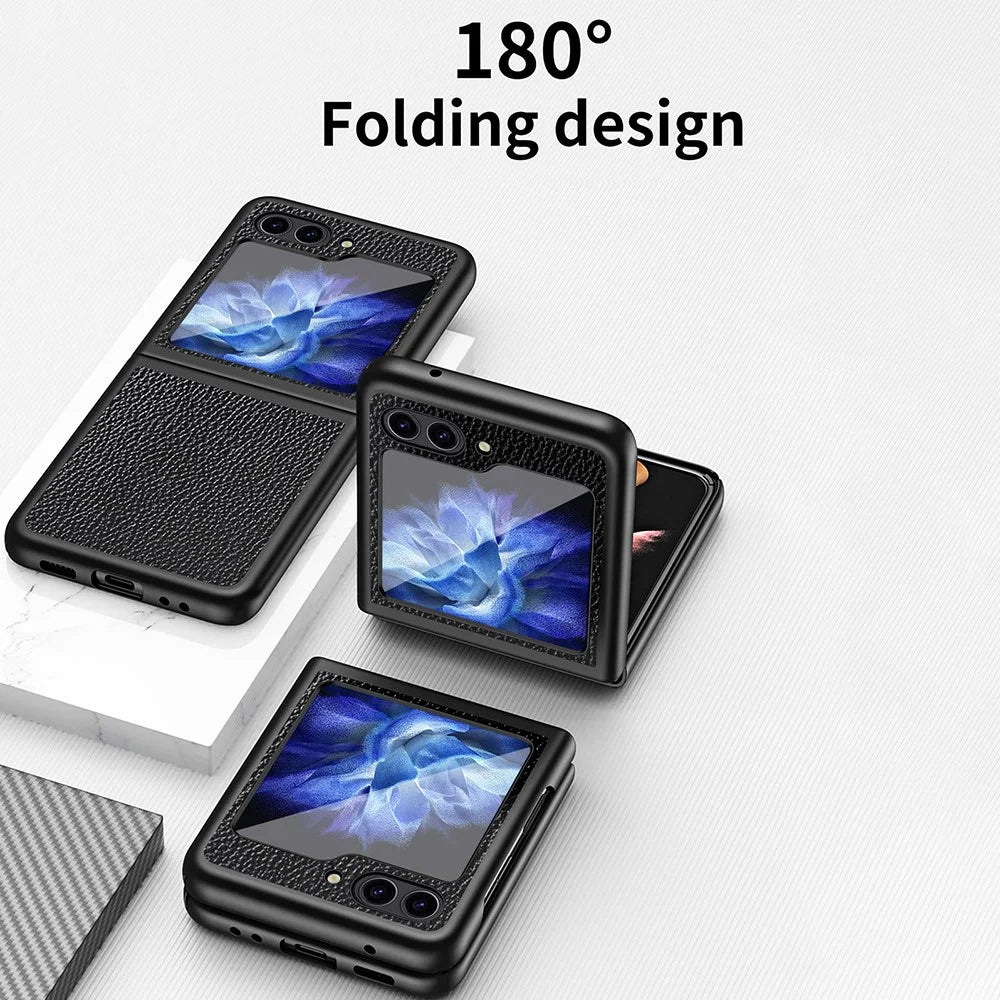 For Samsung Galaxy Z Flip5 5G PU Leather Coated PC Case Litchi Texture Protective Phone Cover - Black - 3