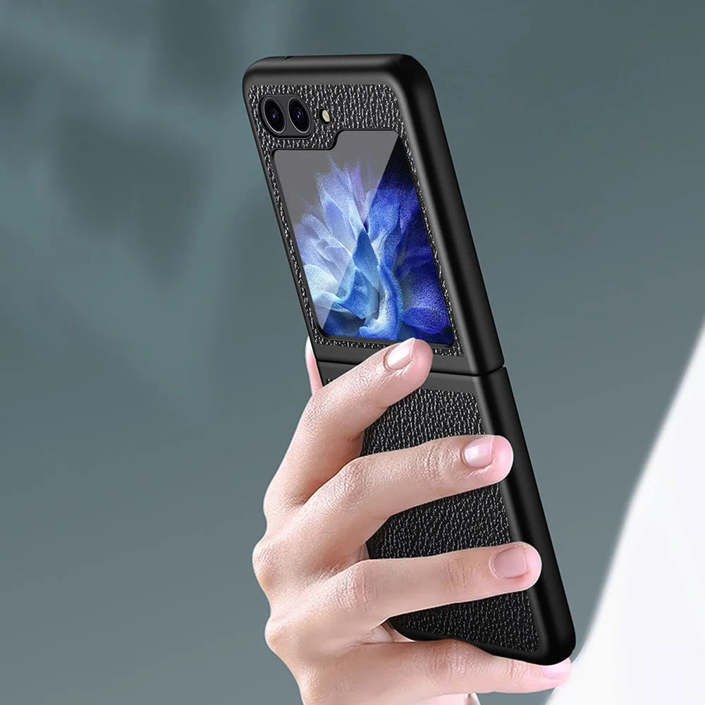For Samsung Galaxy Z Flip5 5G PU Leather Coated PC Case Litchi Texture Protective Phone Cover - Black - 4