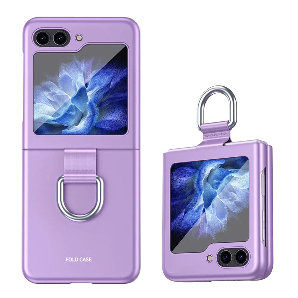 For Samsung Galaxy Z Flip5 5G Hard PC Phone Case Ribbon Metal Ring Holder Anti-Scratch Phone Cover - Purple - 1