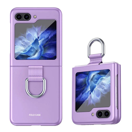 For Samsung Galaxy Z Flip5 5G Hard PC Phone Case Ribbon Metal Ring Holder Anti-Scratch Phone Cover - Purple - 1