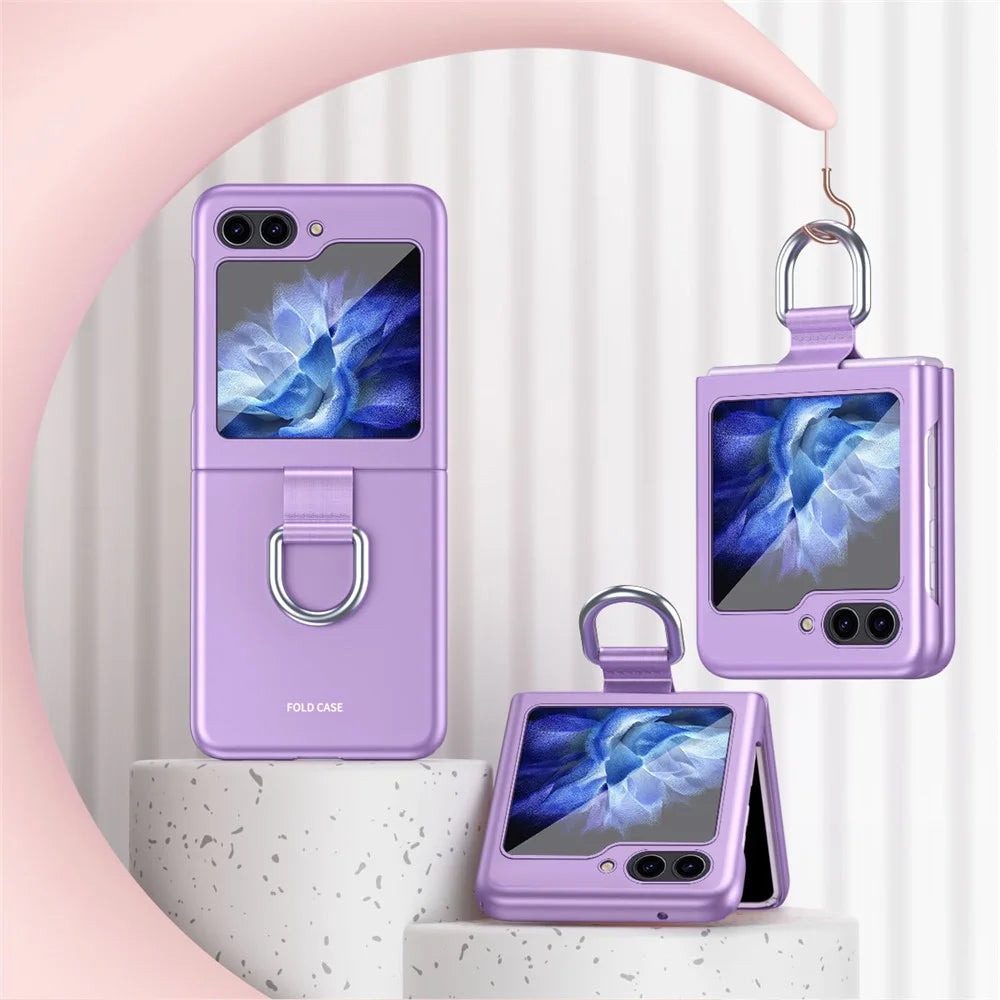 For Samsung Galaxy Z Flip5 5G Hard PC Phone Case Ribbon Metal Ring Holder Anti-Scratch Phone Cover - Purple - 2