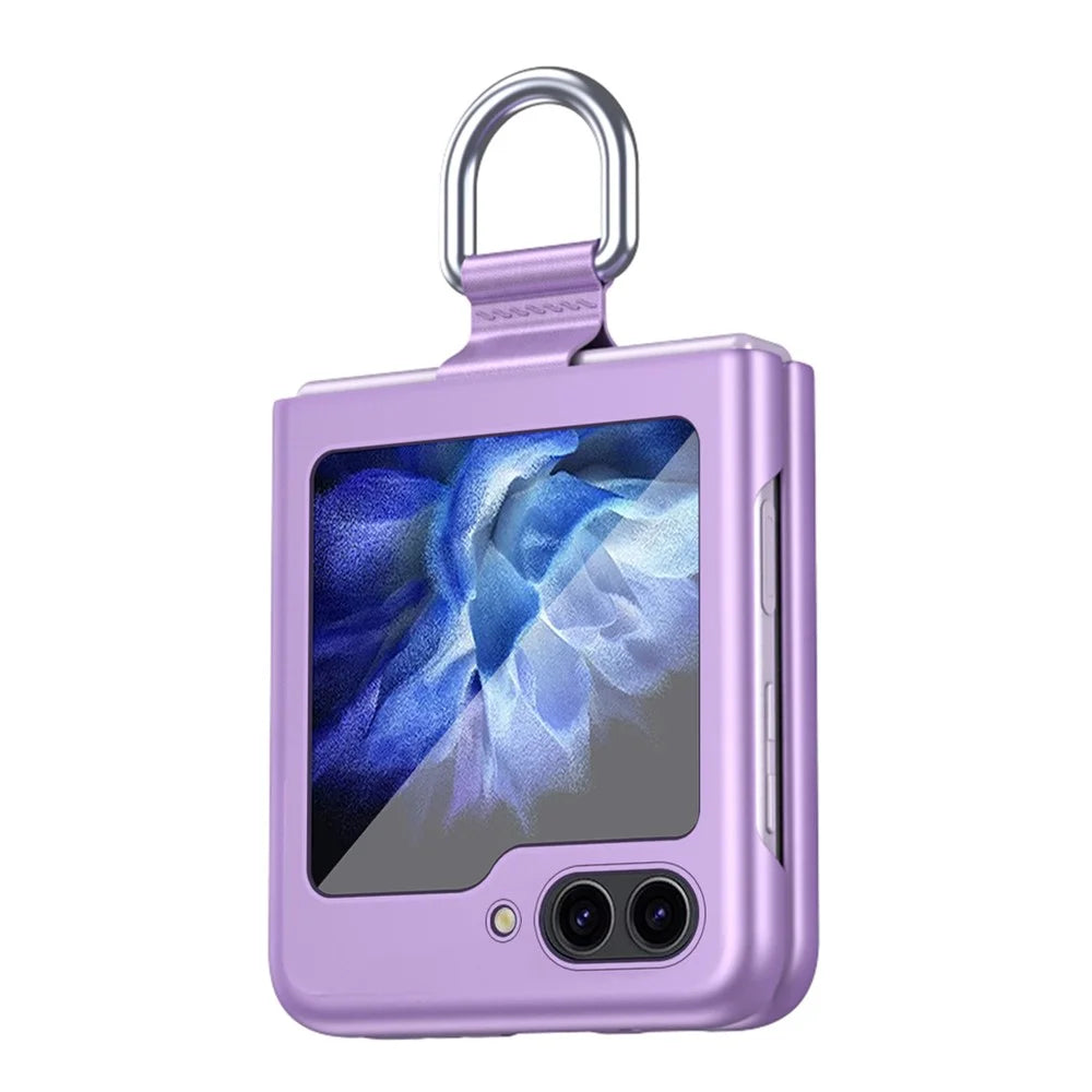 For Samsung Galaxy Z Flip5 5G Hard PC Phone Case Ribbon Metal Ring Holder Anti-Scratch Phone Cover - Purple - 3