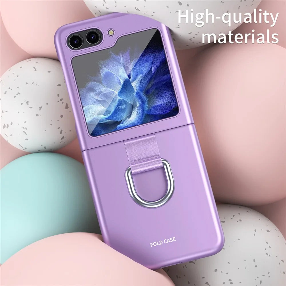 For Samsung Galaxy Z Flip5 5G Hard PC Phone Case Ribbon Metal Ring Holder Anti-Scratch Phone Cover - Purple - 5