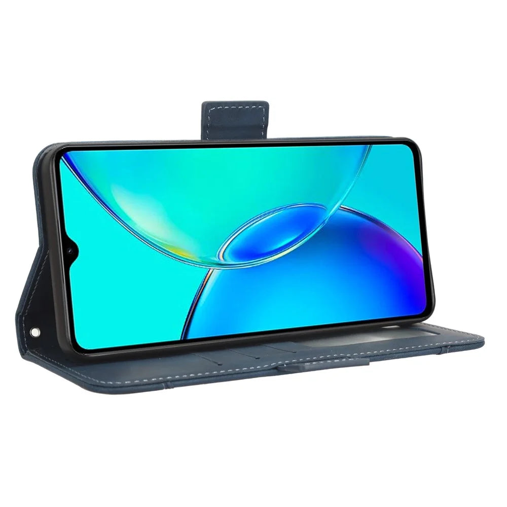 For vivo Y35+ 5G / Y35m+ 5G / Y27 4G Multiple Card Slots Stand Phone Case PU Leather Wallet Cover - Blue - 3