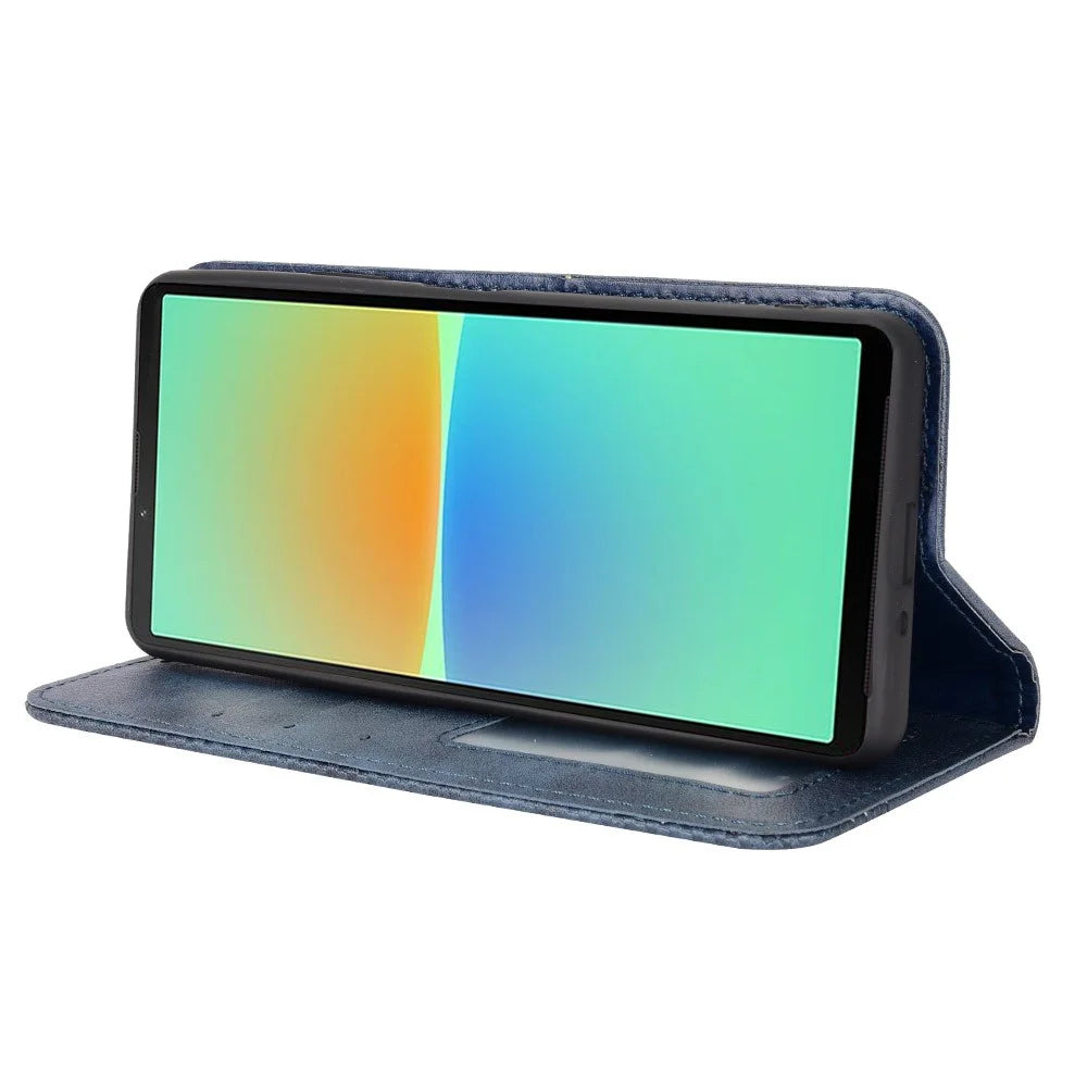 For Sony Xperia 10 V Retro PU Leather Phone Case Stand Wallet Magnetic Closure Phone Cover - Blue - 3