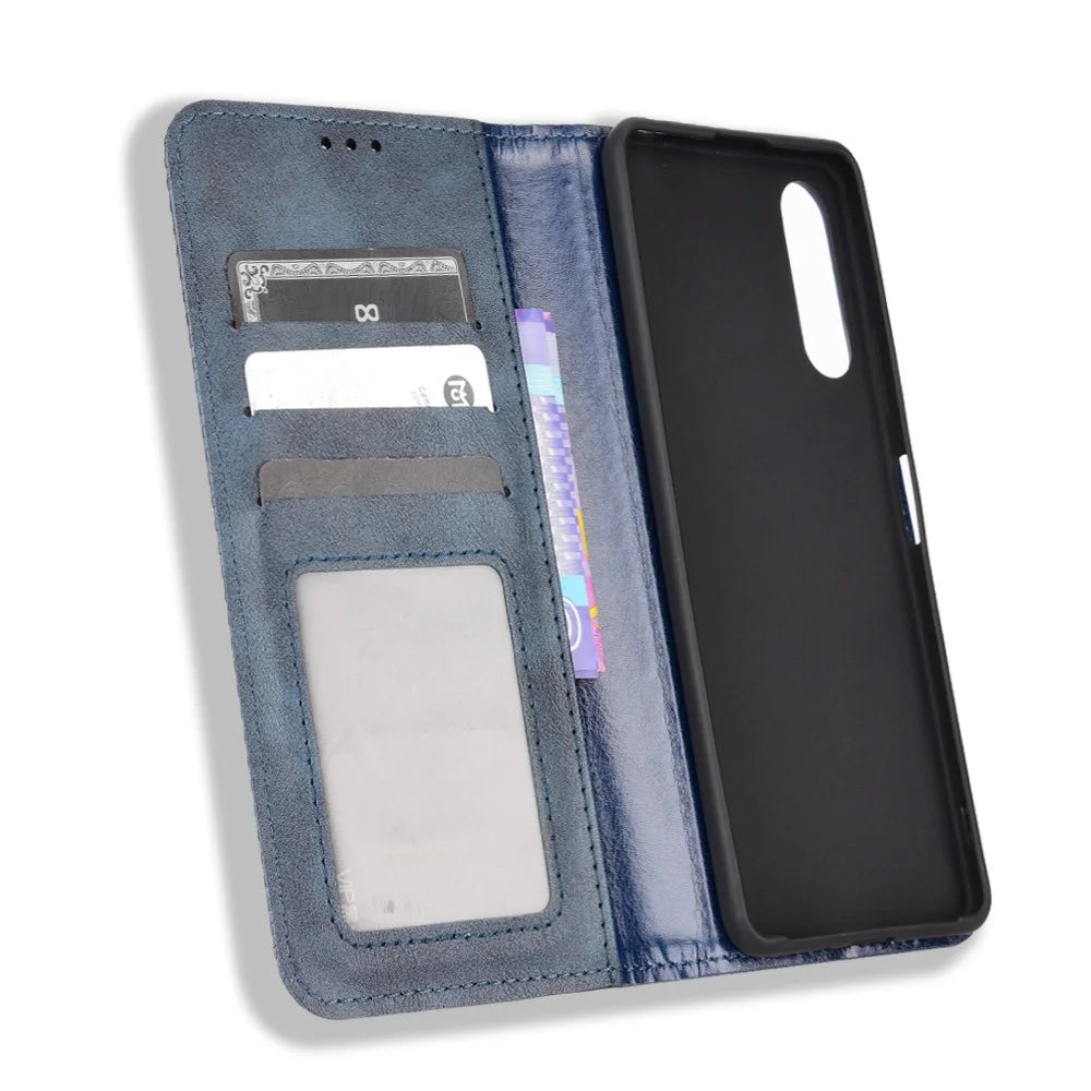 For Sony Xperia 10 V Retro PU Leather Phone Case Stand Wallet Magnetic Closure Phone Cover - Blue - 5