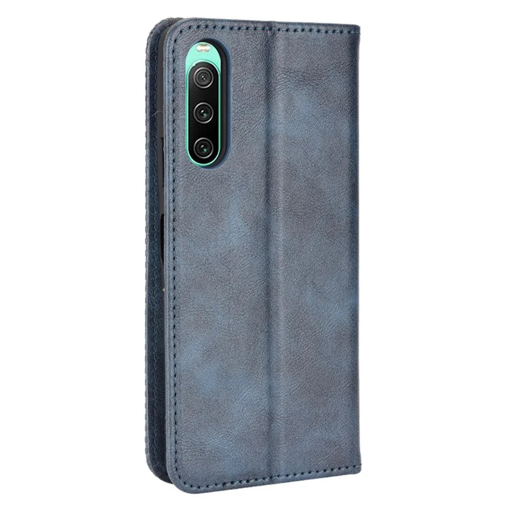 For Sony Xperia 10 V Retro PU Leather Phone Case Stand Wallet Magnetic Closure Phone Cover - Blue - 7