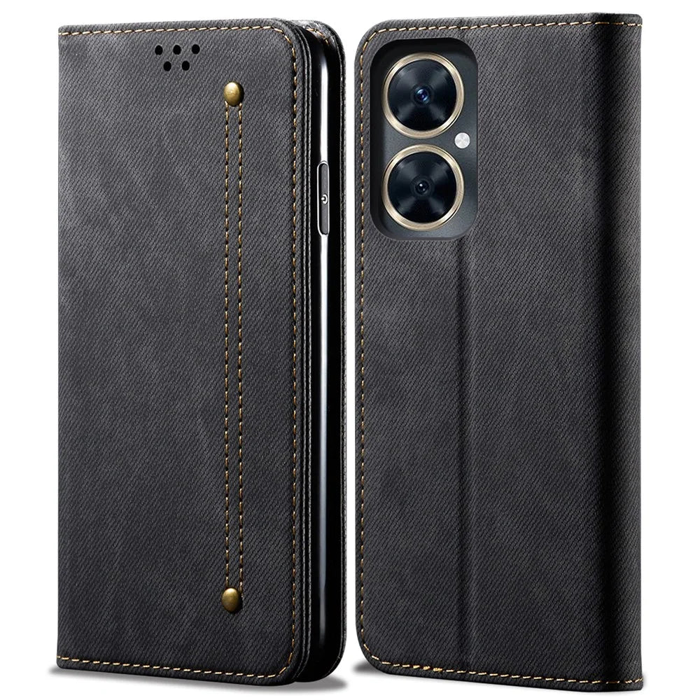 For vivo Y78 5G / Y78+ 5G Jeans Cloth Texture Wallet Case PU Leather Flip Stand Phone Cover - Black - 1