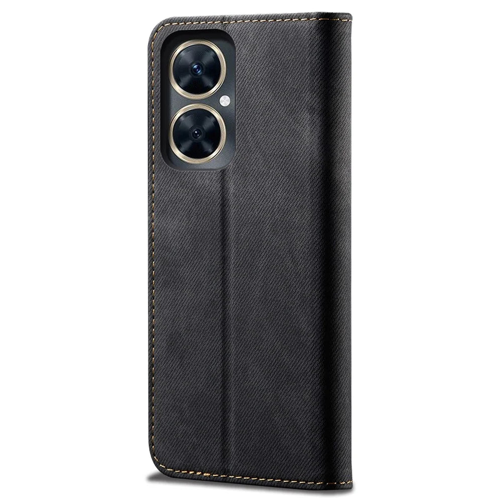 For vivo Y78 5G / Y78+ 5G Jeans Cloth Texture Wallet Case PU Leather Flip Stand Phone Cover - Black - 6