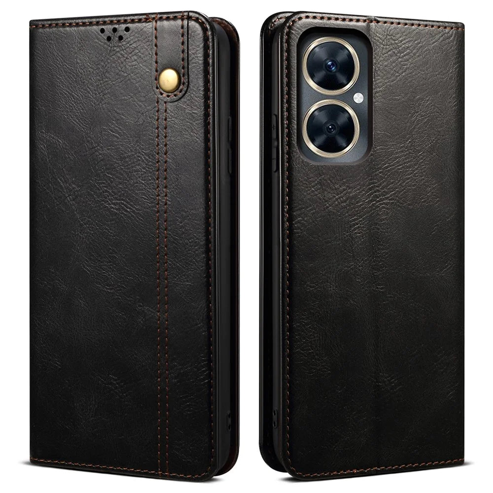 For vivo Y78+ 5G / Y78 5G Leather Phone Case Waxy Crazy Horse Texture Stand Wallet Flip Cover - Black - 1