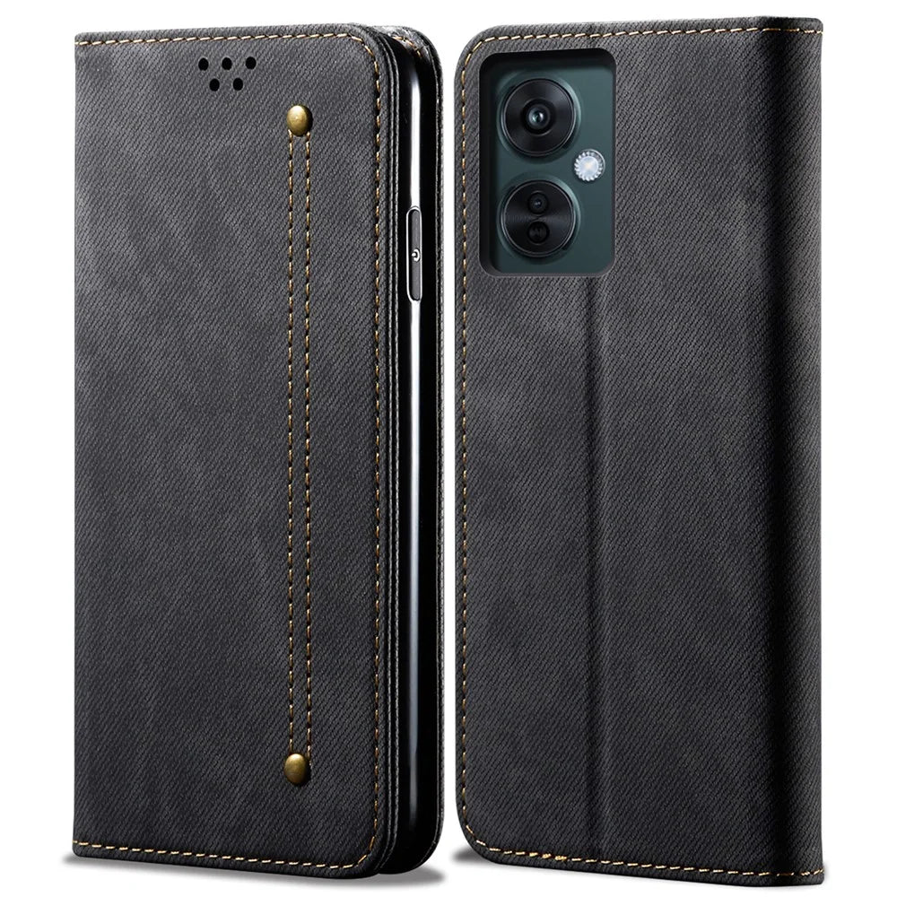 Leather Phone Case for vivo Y78 (China) 5G / Y36 4G (Global) / Y36 5G (Global) , Jeans Cloth Texture Wallet Stand Magnetic Flip Cover - Black - 1