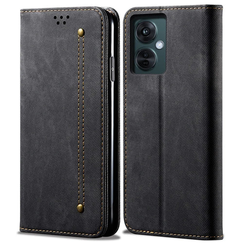 Leather Phone Case for vivo Y78 (China) 5G / Y36 4G (Global) / Y36 5G (Global) , Jeans Cloth Texture Wallet Stand Magnetic Flip Cover - Black - 1