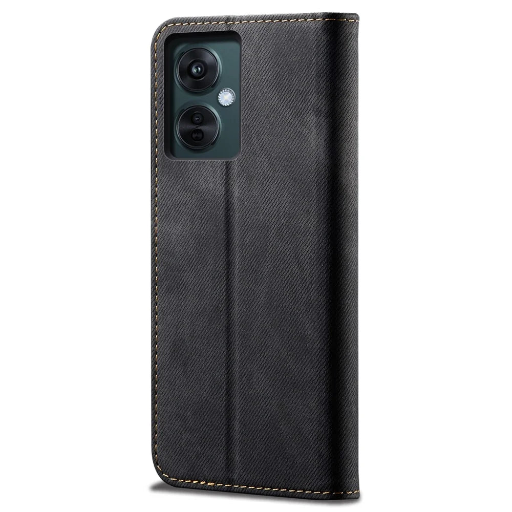 Leather Phone Case for vivo Y78 (China) 5G / Y36 4G (Global) / Y36 5G (Global) , Jeans Cloth Texture Wallet Stand Magnetic Flip Cover - Black - 6
