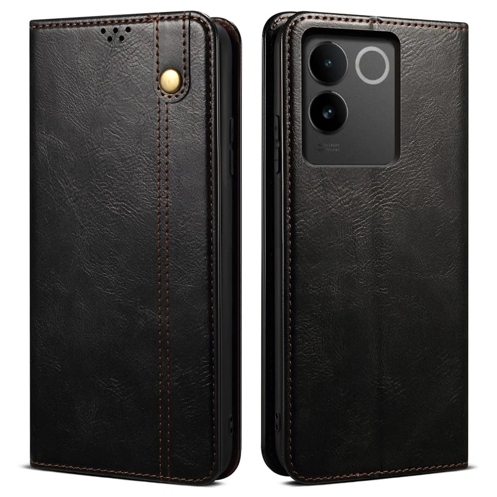 For vivo S17e 5G Waxy Crazy Horse Texture Wallet Case PU Leather Stand Protective Phone Cover - Black - 1