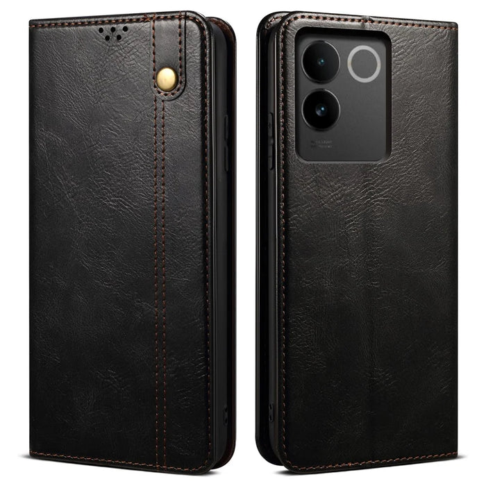 For vivo S17e 5G Waxy Crazy Horse Texture Wallet Case PU Leather Stand Protective Phone Cover - Black - 1