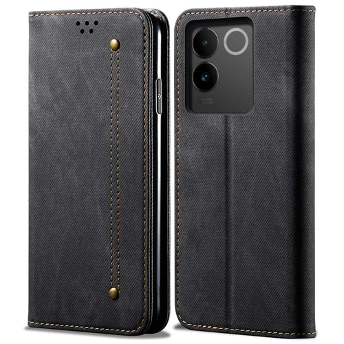 For vivo S17e 5G PU Leather Jeans Cloth Texture Case Stand Flip Wallet Phone Cover - Black - 1