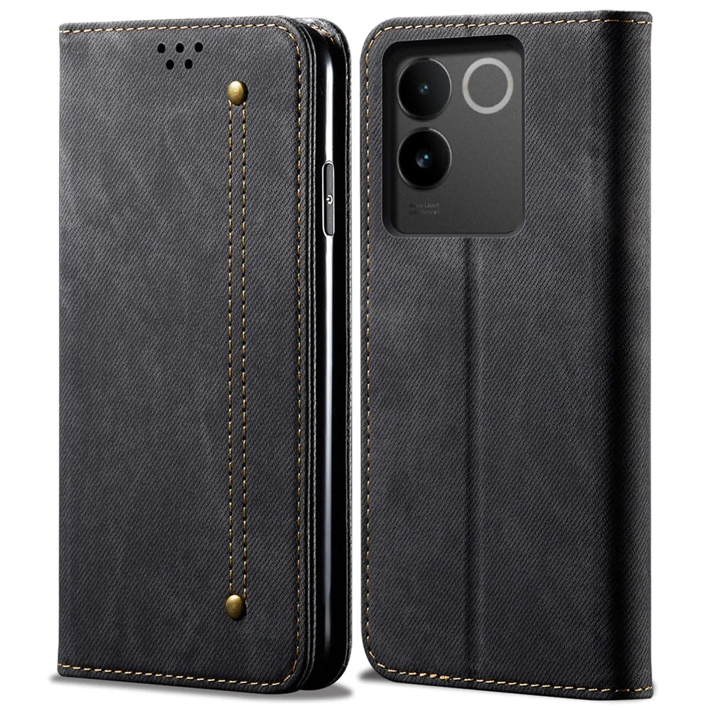 For vivo S17e 5G PU Leather Jeans Cloth Texture Case Stand Flip Wallet Phone Cover - Black - 1