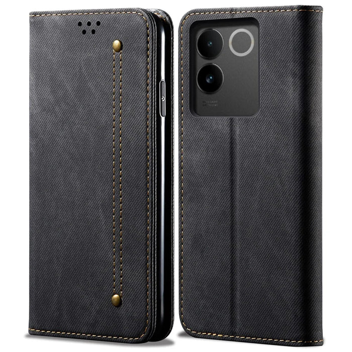 For vivo S17e 5G PU Leather Jeans Cloth Texture Case Stand Flip Wallet Phone Cover - Black - 1
