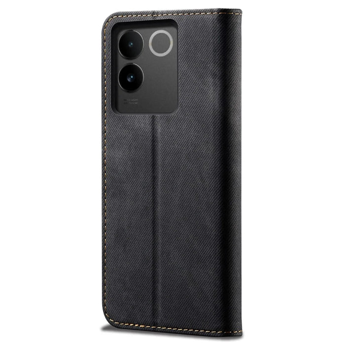 For vivo S17e 5G PU Leather Jeans Cloth Texture Case Stand Flip Wallet Phone Cover - Black - 6