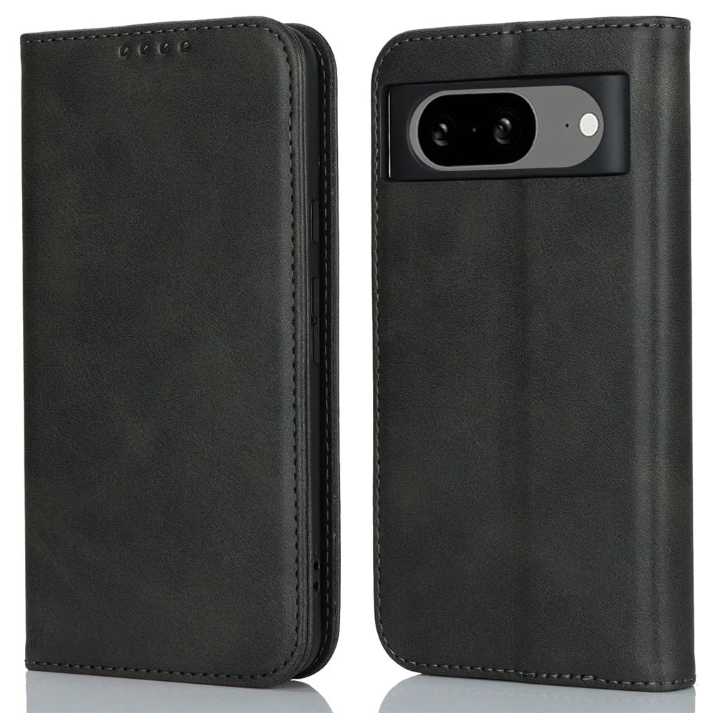 PU Leather Case for Google Pixel 8 Shockproof Calf Texture Stand Wallet Phone Cover - Black - 1