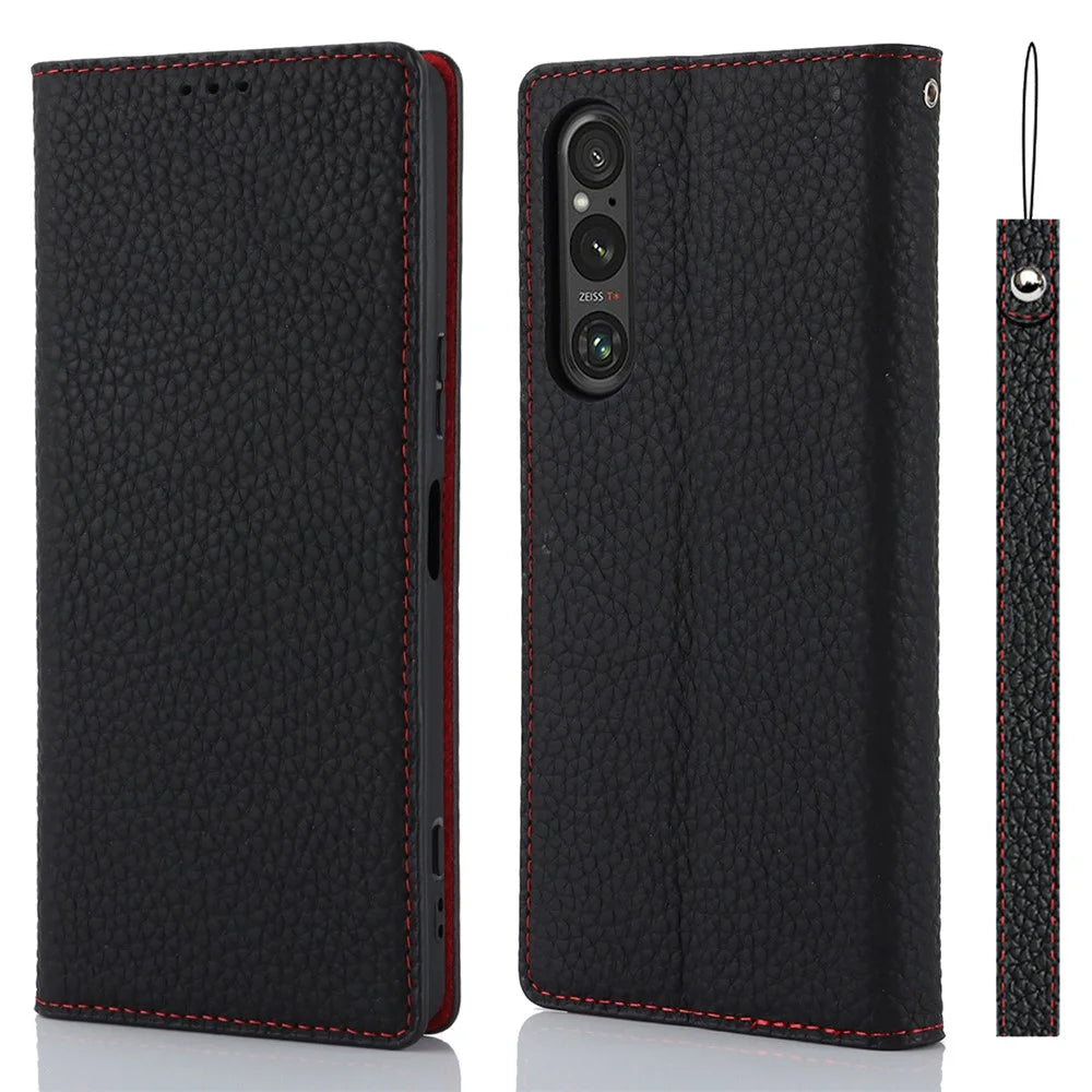For Sony Xperia 1 V Litchi Texture Genuine Cow Leather Phone Case Stand Wallet Flip Cover with Strap - Black - 1