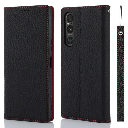 For Sony Xperia 1 V Litchi Texture Genuine Cow Leather Phone Case Stand Wallet Flip Cover with Strap - Black - 1