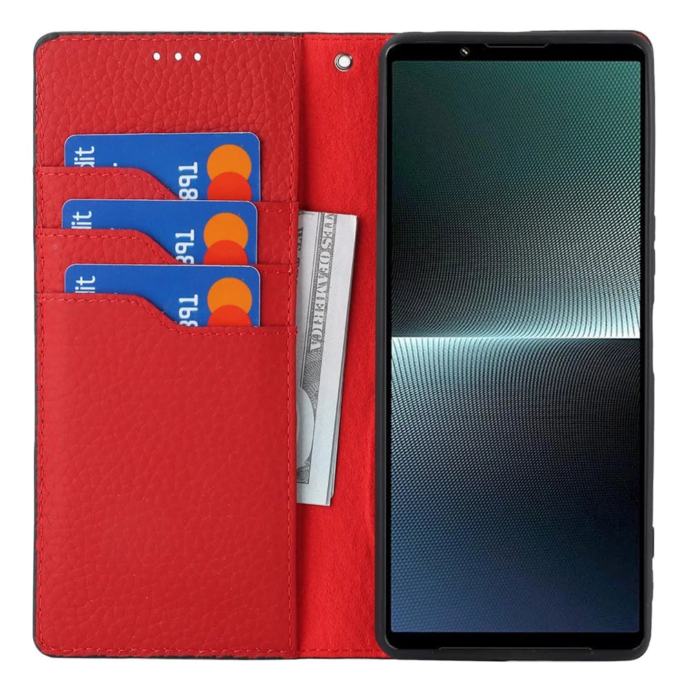 For Sony Xperia 1 V Litchi Texture Genuine Cow Leather Phone Case Stand Wallet Flip Cover with Strap - Black - 2