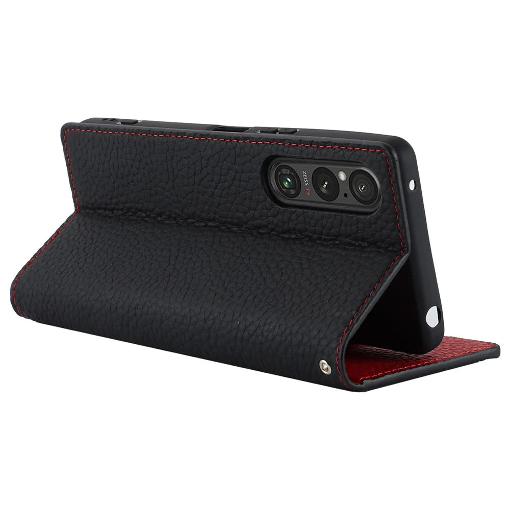 For Sony Xperia 1 V Litchi Texture Genuine Cow Leather Phone Case Stand Wallet Flip Cover with Strap - Black - 3