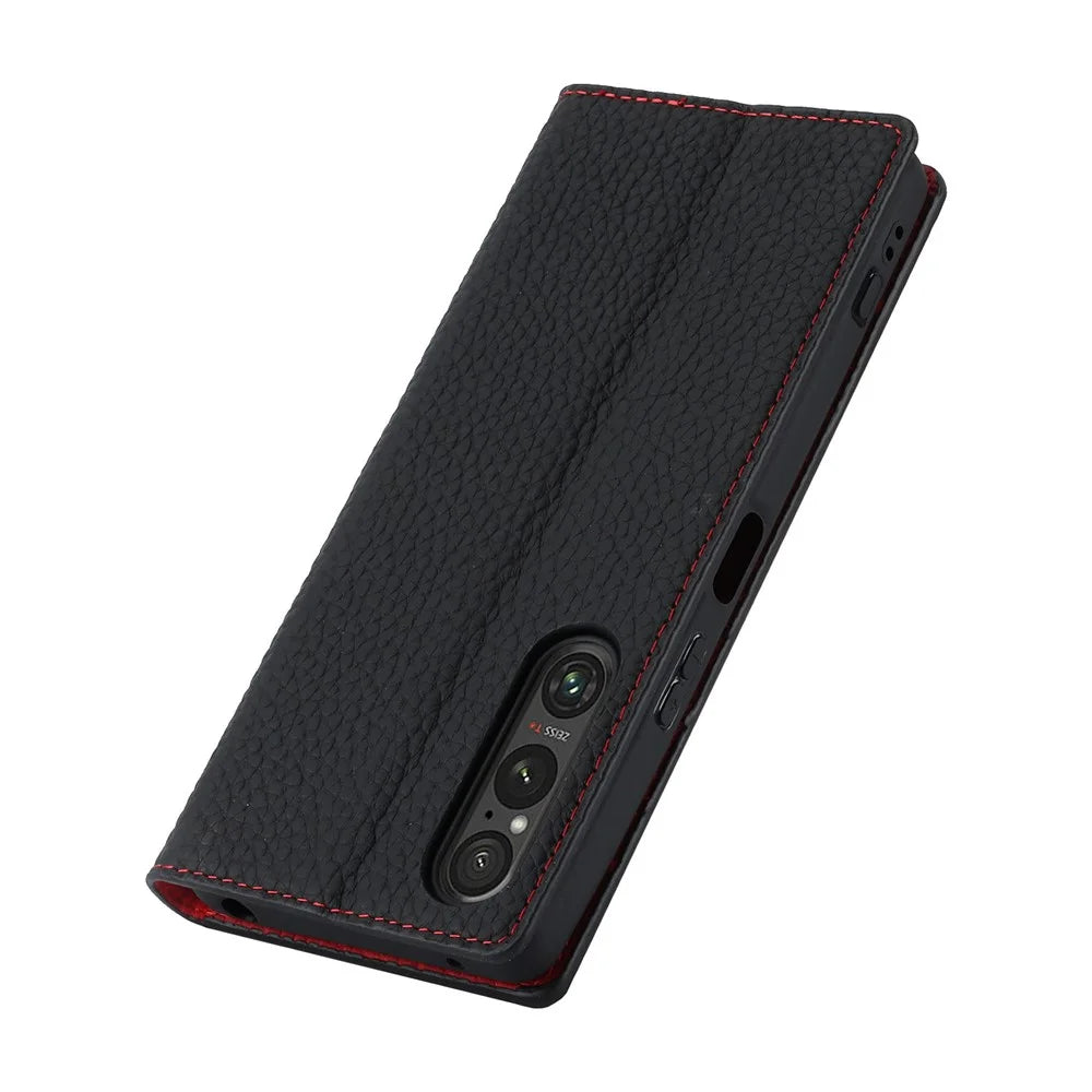For Sony Xperia 1 V Litchi Texture Genuine Cow Leather Phone Case Stand Wallet Flip Cover with Strap - Black - 5