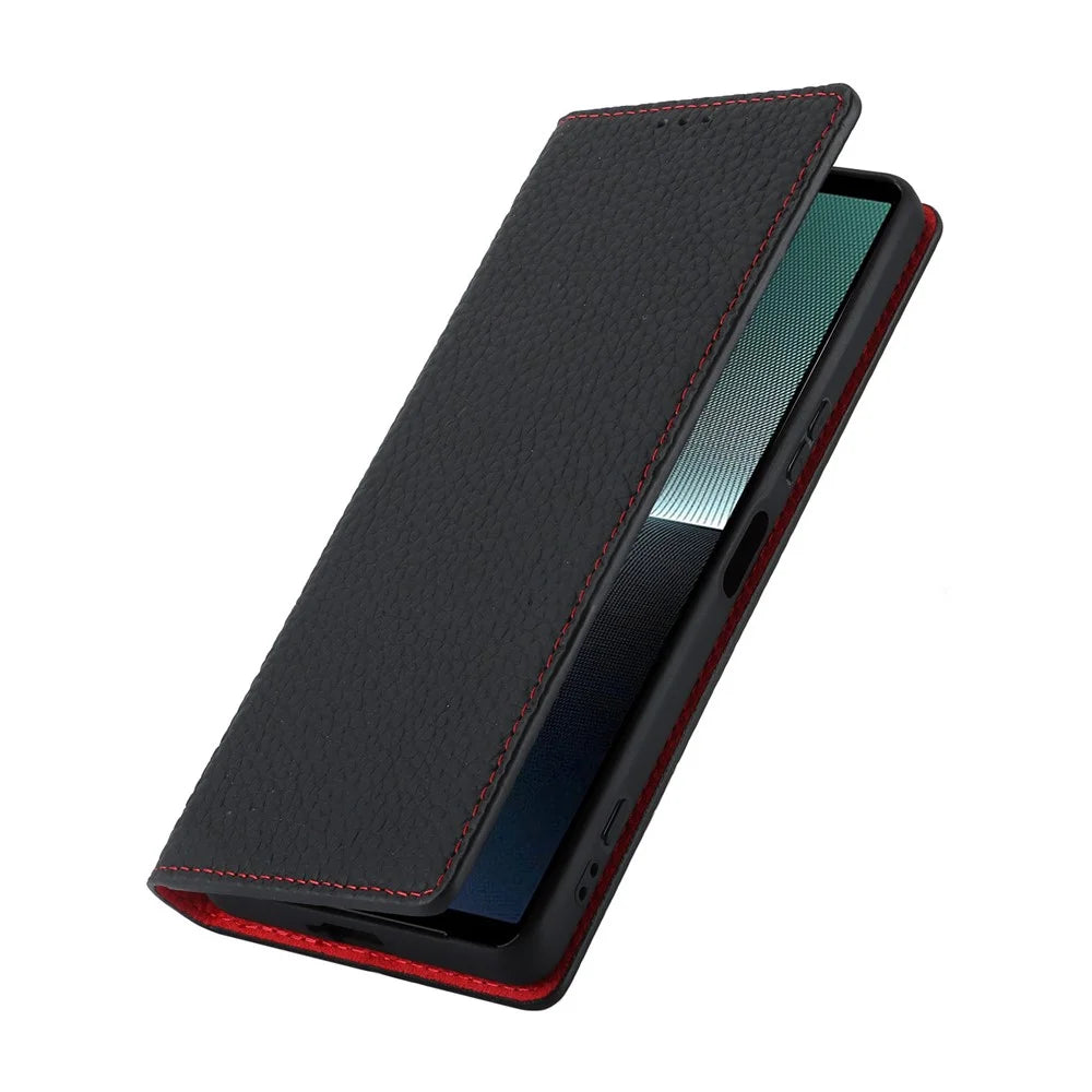 For Sony Xperia 1 V Litchi Texture Genuine Cow Leather Phone Case Stand Wallet Flip Cover with Strap - Black - 6