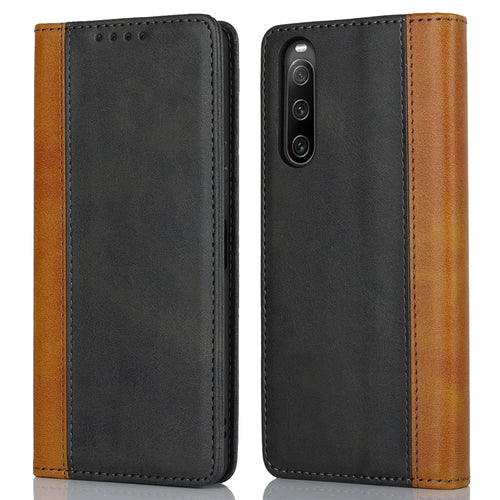 For Sony Xperia 10 V Magnetic Flip PU Leather Phone Wallet Case Stand Bi-color Splicing Anti-drop Cover - Black+Yellow - 1