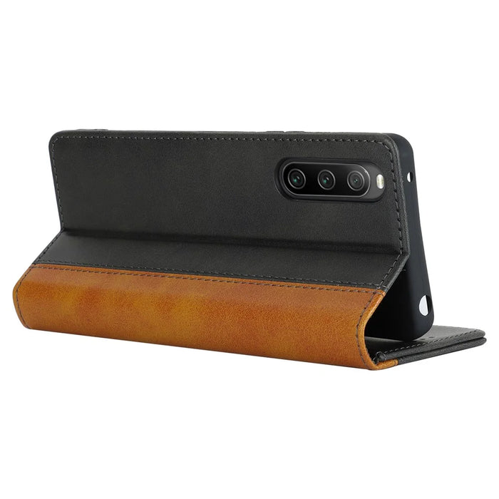 For Sony Xperia 10 V Magnetic Flip PU Leather Phone Wallet Case Stand Bi-color Splicing Anti-drop Cover - Black+Yellow - 3