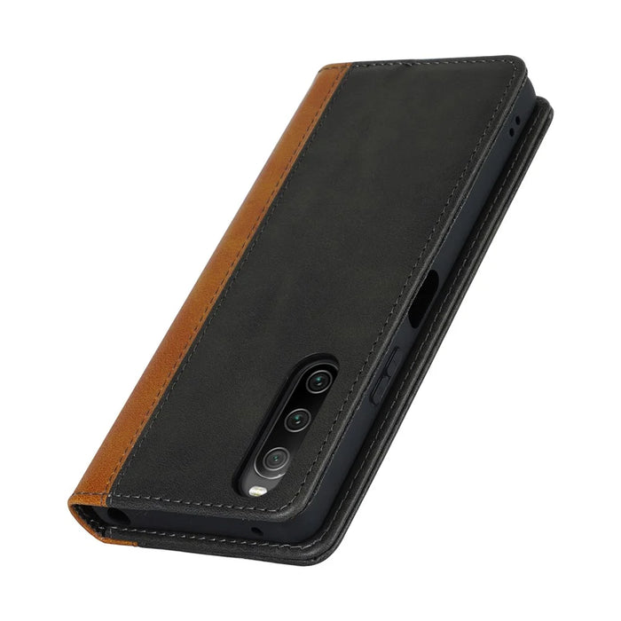 For Sony Xperia 10 V Magnetic Flip PU Leather Phone Wallet Case Stand Bi-color Splicing Anti-drop Cover - Black+Yellow - 5