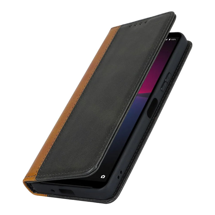 For Sony Xperia 10 V Magnetic Flip PU Leather Phone Wallet Case Stand Bi-color Splicing Anti-drop Cover - Black+Yellow - 6