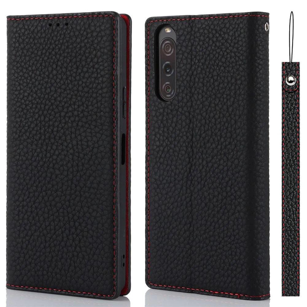 Flip Cover for Sony Xperia 10 V Litchi Texture Genuine Cow Leather Phone Case Stand Wallet with Strap - Black - 1