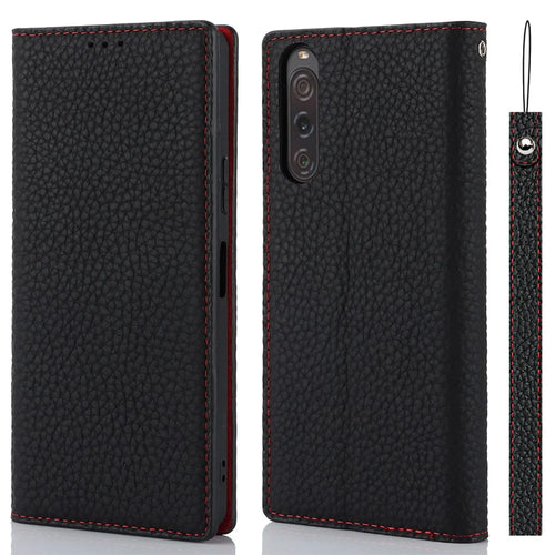 Flip Cover for Sony Xperia 10 V Litchi Texture Genuine Cow Leather Phone Case Stand Wallet with Strap - Black - 1