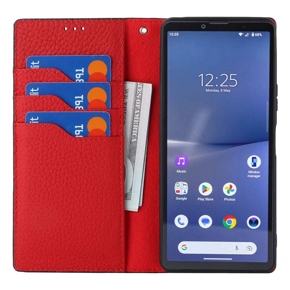 Flip Cover for Sony Xperia 10 V Litchi Texture Genuine Cow Leather Phone Case Stand Wallet with Strap - Black - 2