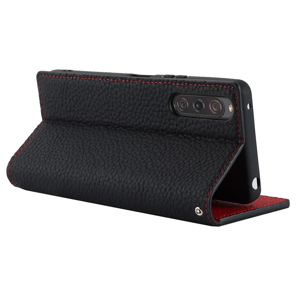 Flip Cover for Sony Xperia 10 V Litchi Texture Genuine Cow Leather Phone Case Stand Wallet with Strap - Black - 3