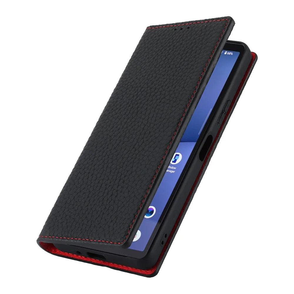 Flip Cover for Sony Xperia 10 V Litchi Texture Genuine Cow Leather Phone Case Stand Wallet with Strap - Black - 5