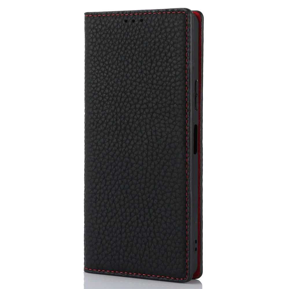 Flip Cover for Sony Xperia 10 V Litchi Texture Genuine Cow Leather Phone Case Stand Wallet with Strap - Black - 7