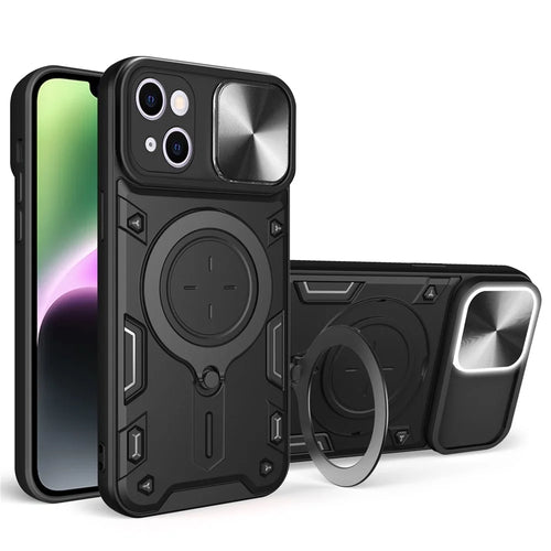 For iPhone 14 Slide Camera Lid Back Cover PC+TPU Phone Case with Rotatable Kickstand - Black - 1