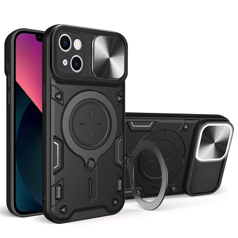For iPhone 13 6.1 inch Slide Camera Guard Phone Case PC+TPU Drop-proof Cover with Rotating Kickstand - Black - 1